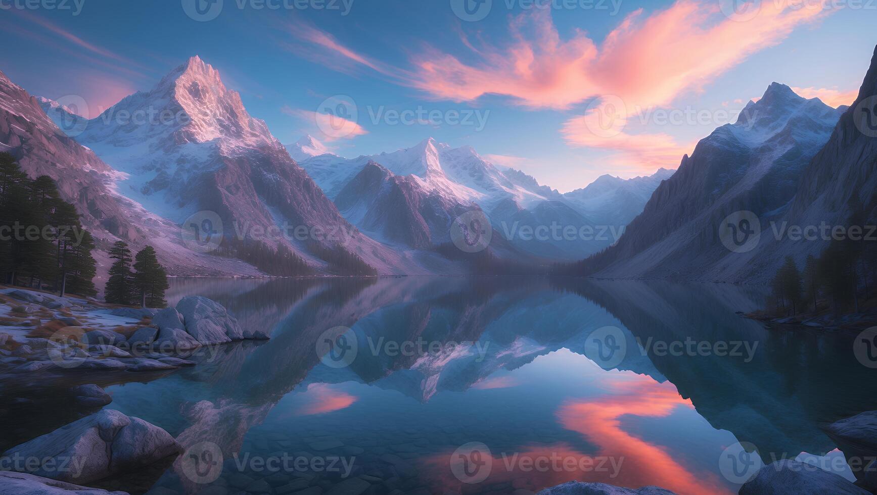 Serene Mountain Lake Reflection at Sunset with Pink Clouds and Snowy Peaks photo