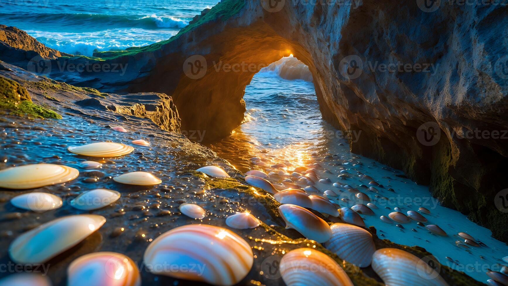 Seashells on Rocky Beach at Sunset with Ocean Cave View photo
