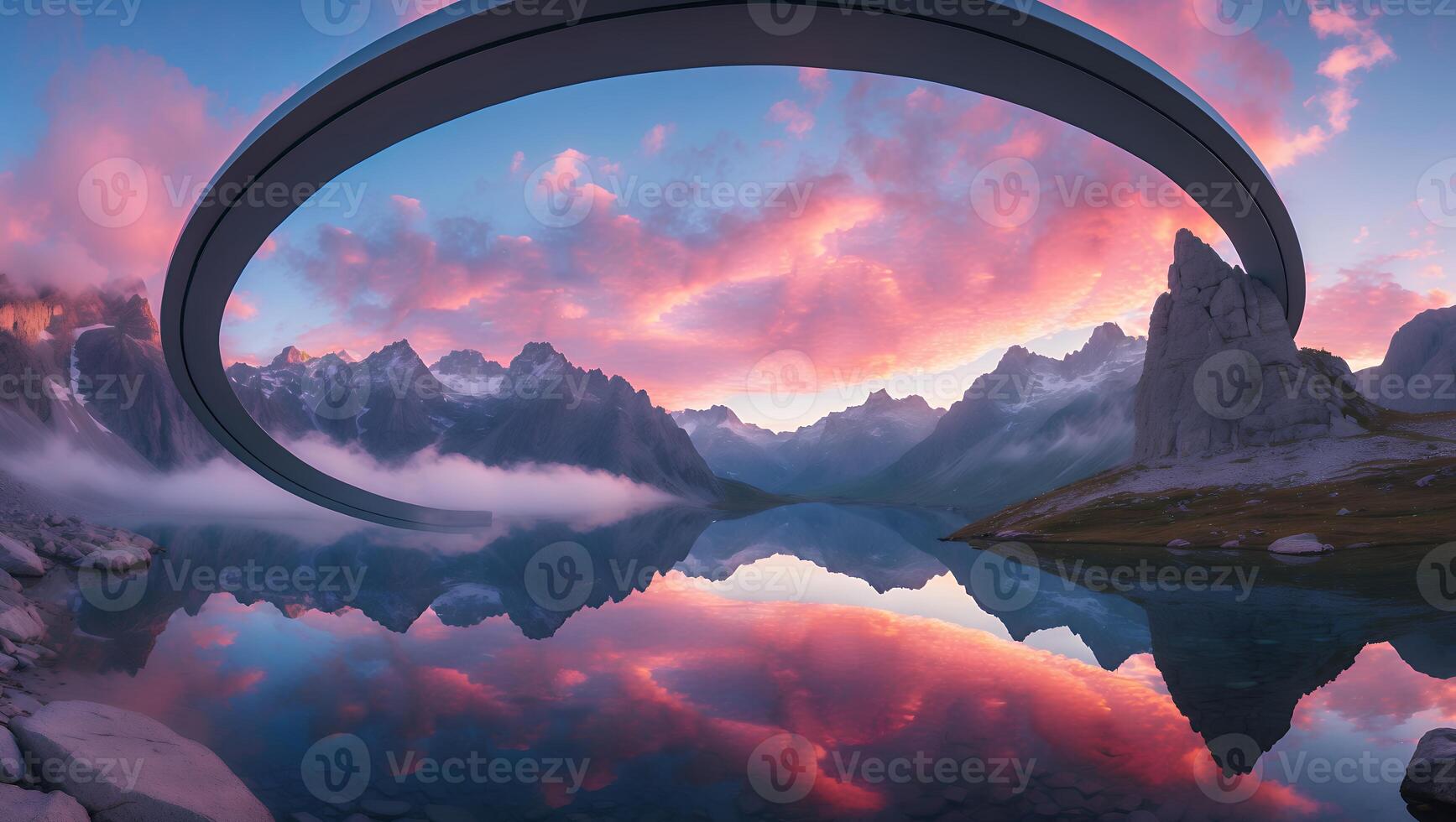 Modern Arch Over Tranquil Mountain Lake at Sunset with Pink Sky Reflection photo