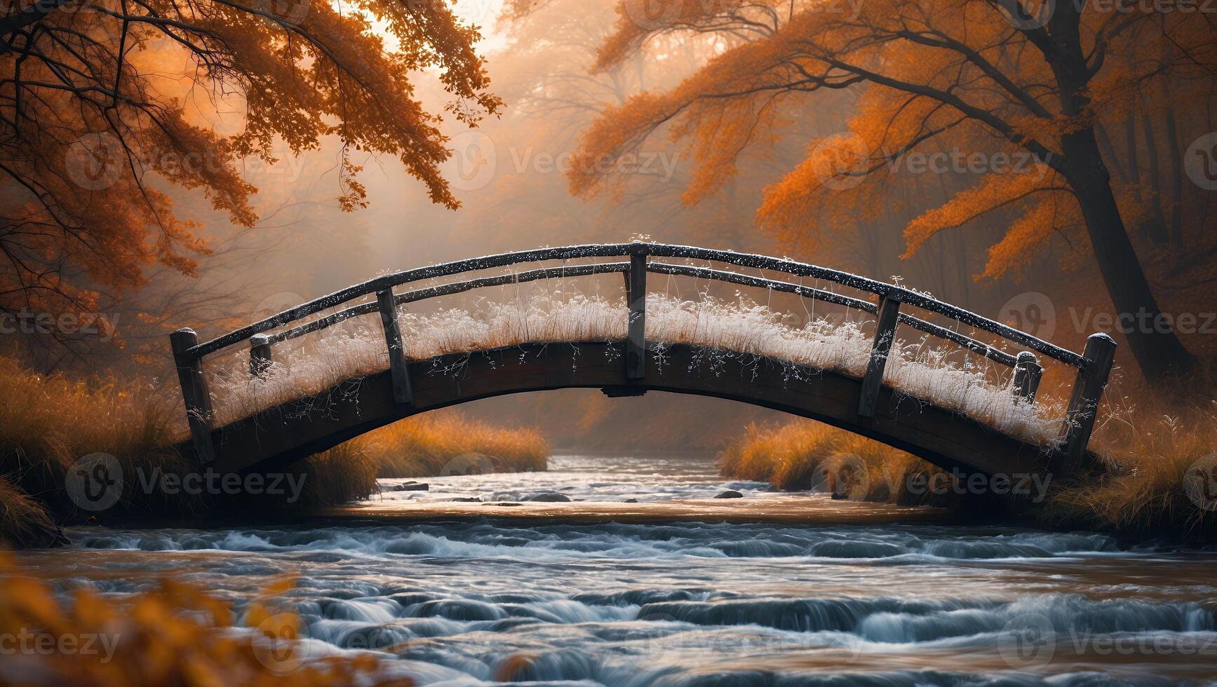 Tranquil Autumn Stream Flows Under Wooden Footbridge in Misty Forest photo