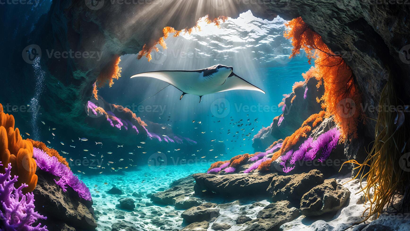 Manta Ray Gliding Through Vibrant Coral Reef Underwater Cave photo