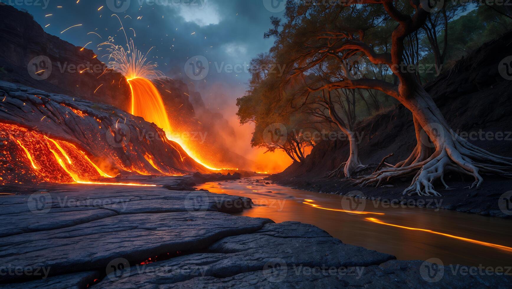 Glowing Lava Flowing Into River Near Trees at Dusk photo