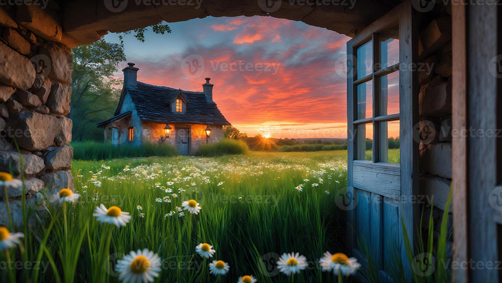 Charming Cottage in Meadow at Sunset View Through Open Door photo