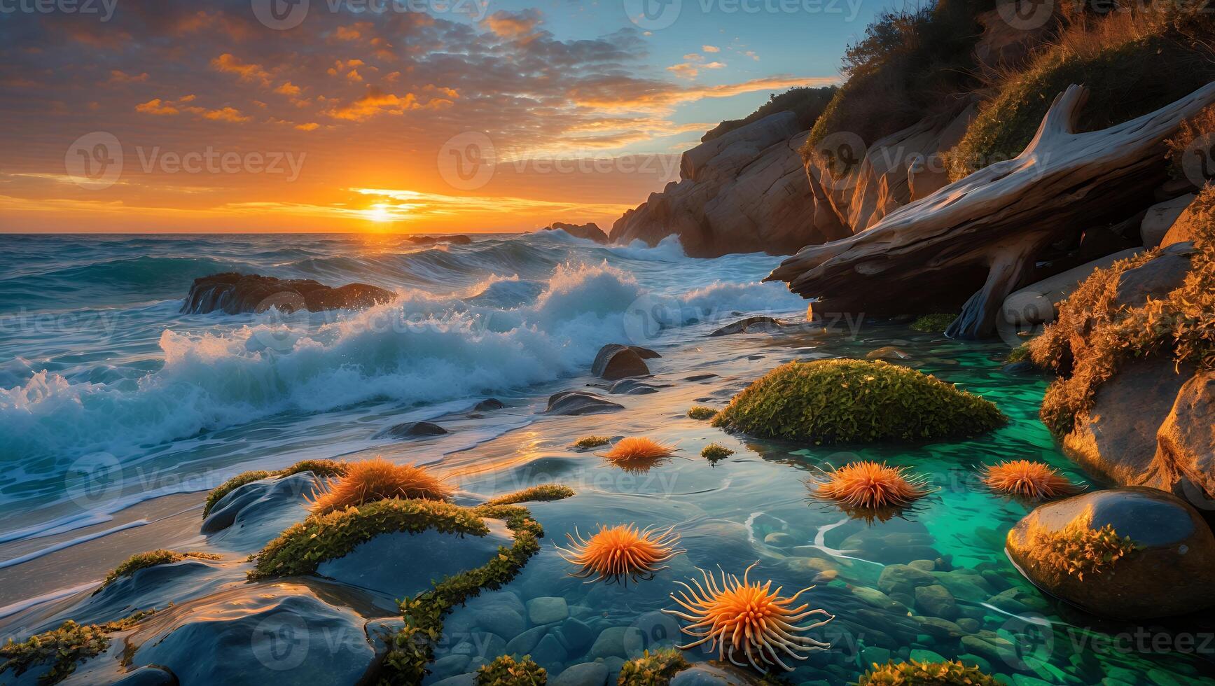 Sunset Ocean Waves Crashing on Rocky Coast with Tide Pool and Sea Life photo