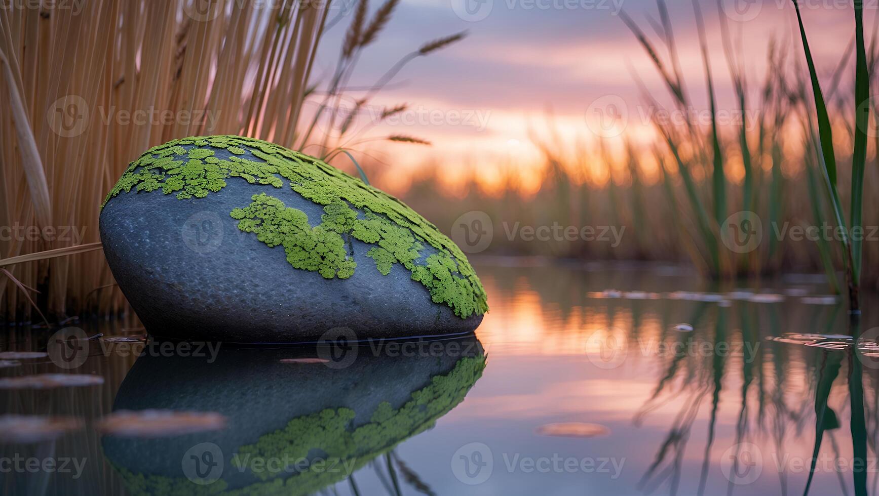 Mossy Rock in Calm Water at Sunset with Reeds and Reflections photo