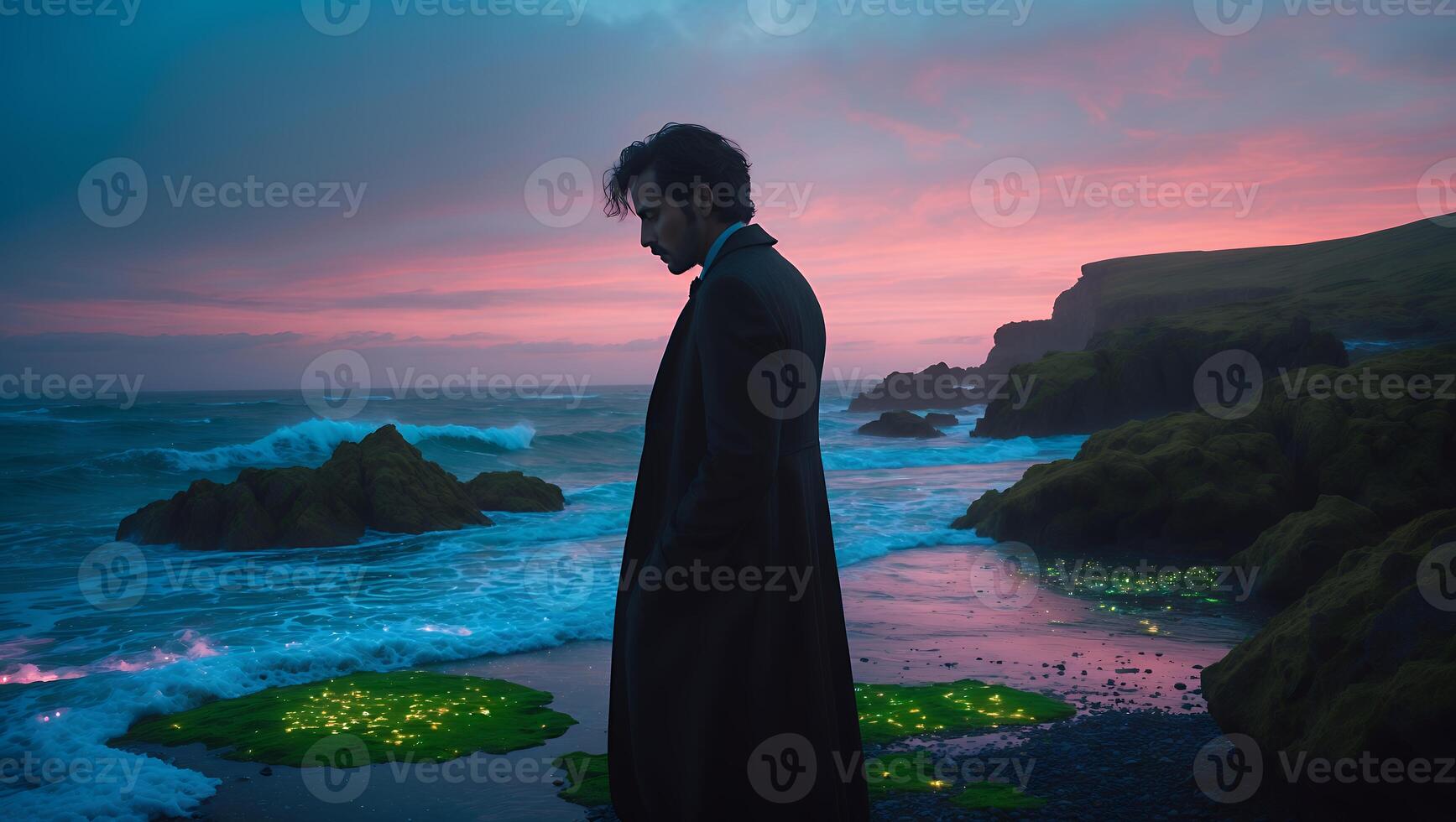 Man Contemplating on Beach at Sunset with Glowing Algae and Ocean Waves photo