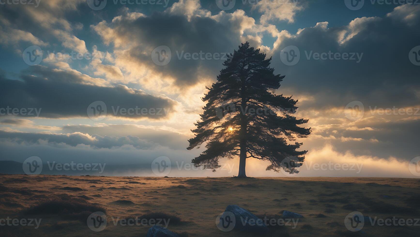 Lone Tree Silhouette at Sunrise with Dramatic Clouds and Misty Field photo