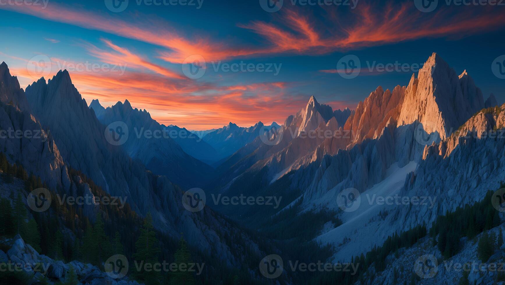 Dramatic Mountain Range Panorama at Sunset with Colorful Sky photo