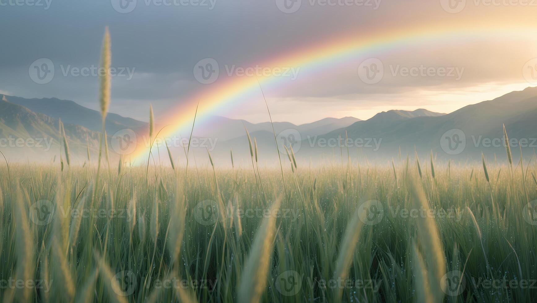 Rainbow Over Green Field with Mountain Range Background at Sunrise photo