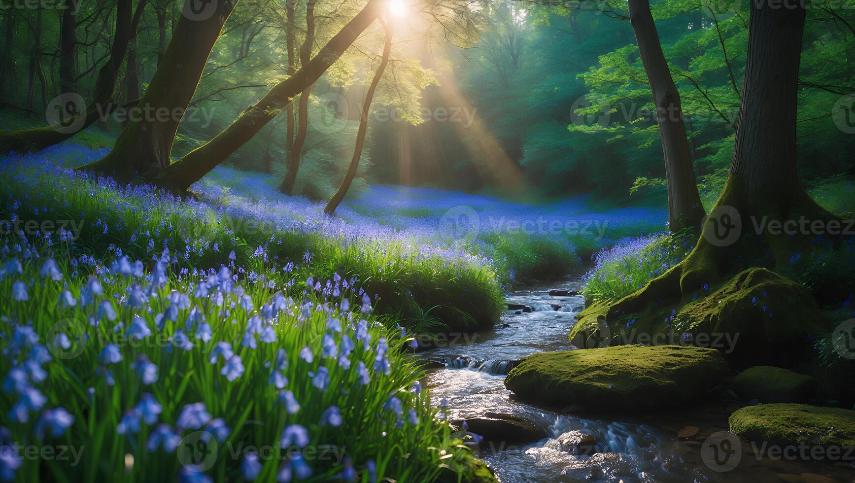 Sunlit Forest Stream Flowing Through Bluebell Field at Sunrise photo