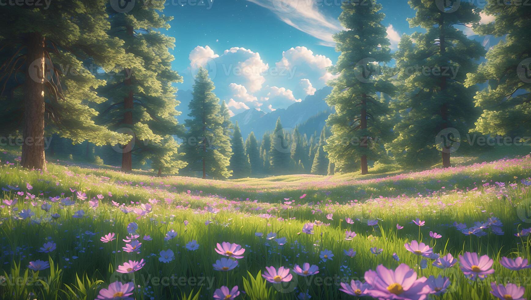 Idyllic Mountain Meadow Blooming with Wildflowers and Pine Trees photo