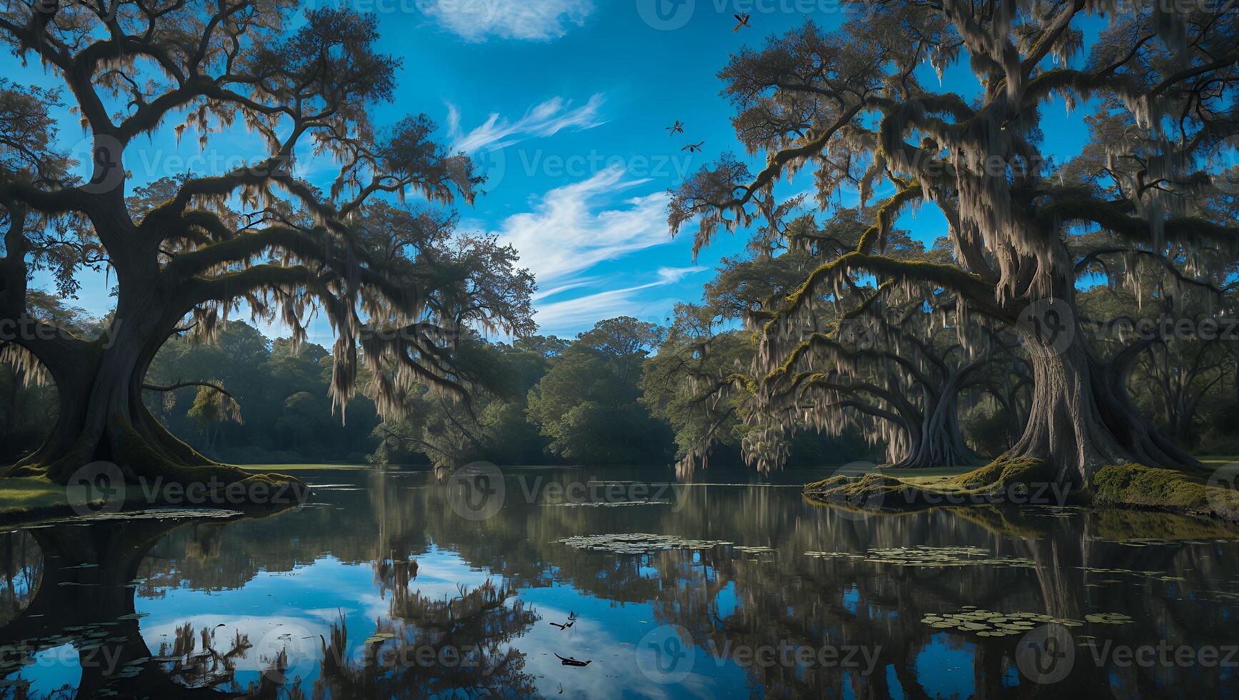 Serene Swamp Landscape with Mossy Trees and Tranquil Water Reflection photo
