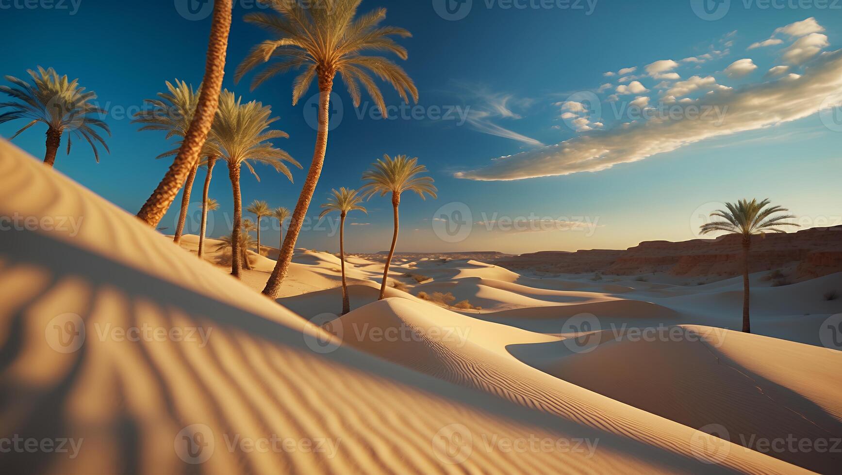 Desert Oasis Palm Trees on Sand Dunes at Sunset with Blue Sky photo