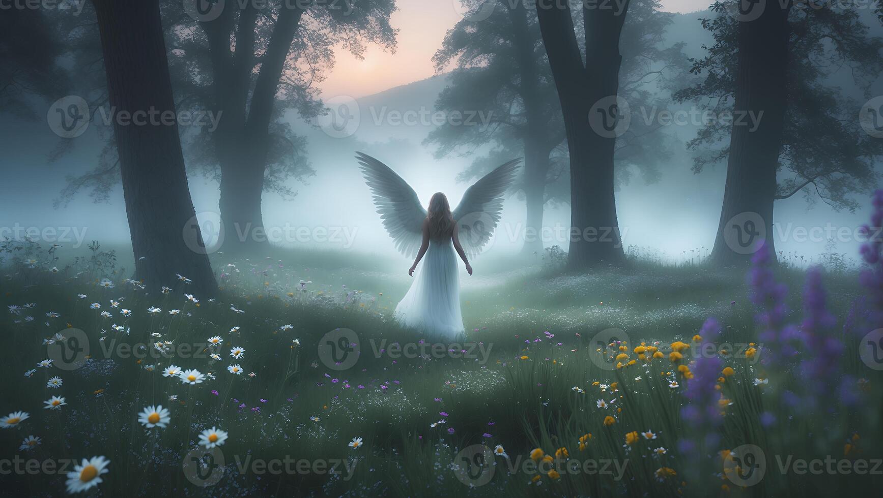 Mystical Figure with Wings in Misty Forest Meadow at Dawn photo