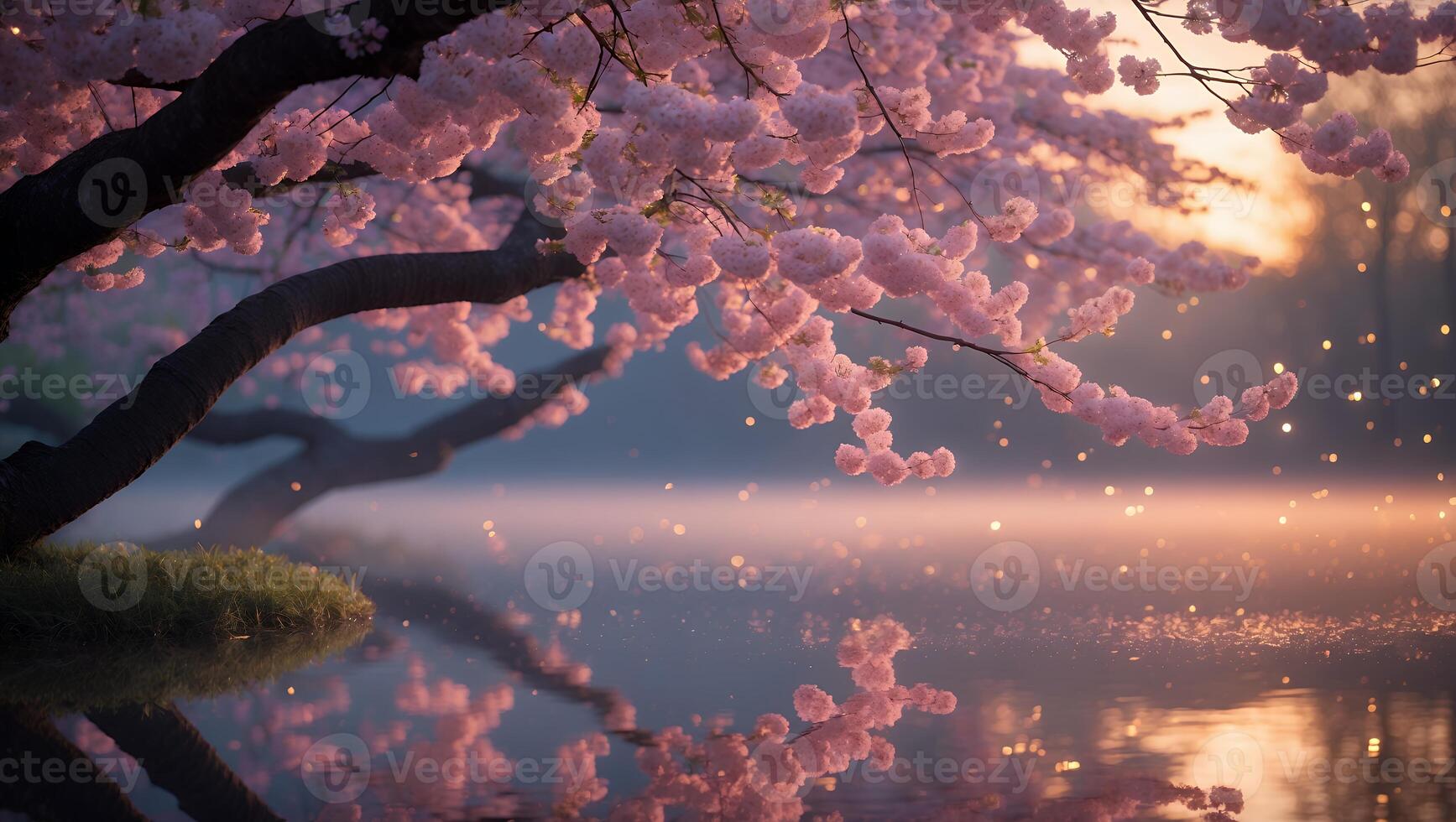 Blooming Tree Reflected in Calm Water at Sunset Serene Spring Landscape photo