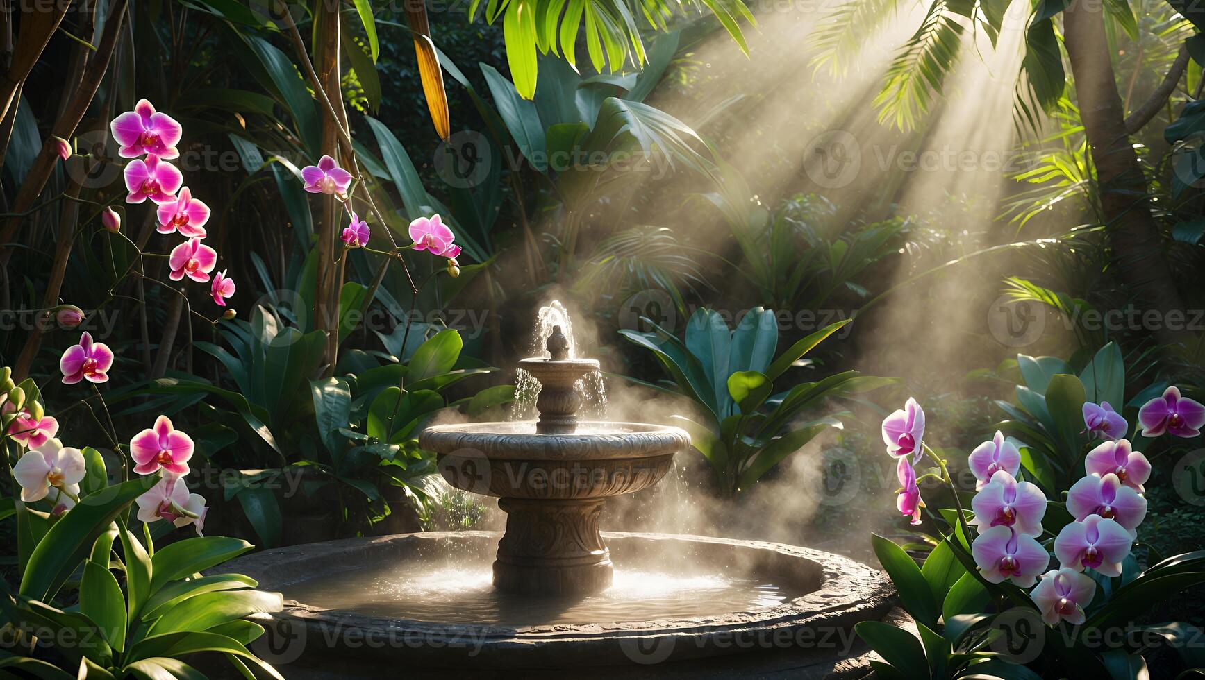 Tranquil Garden Fountain with Orchids and Sunbeams in Lush Greenery photo