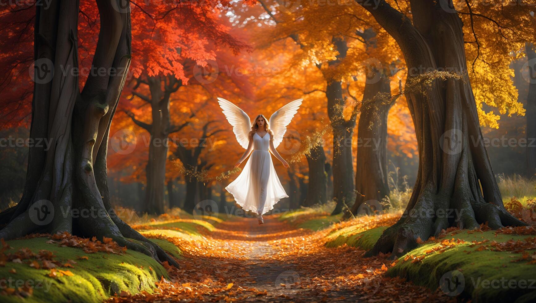 Serene Figure with Wings Floating Down Autumn Forest Path photo
