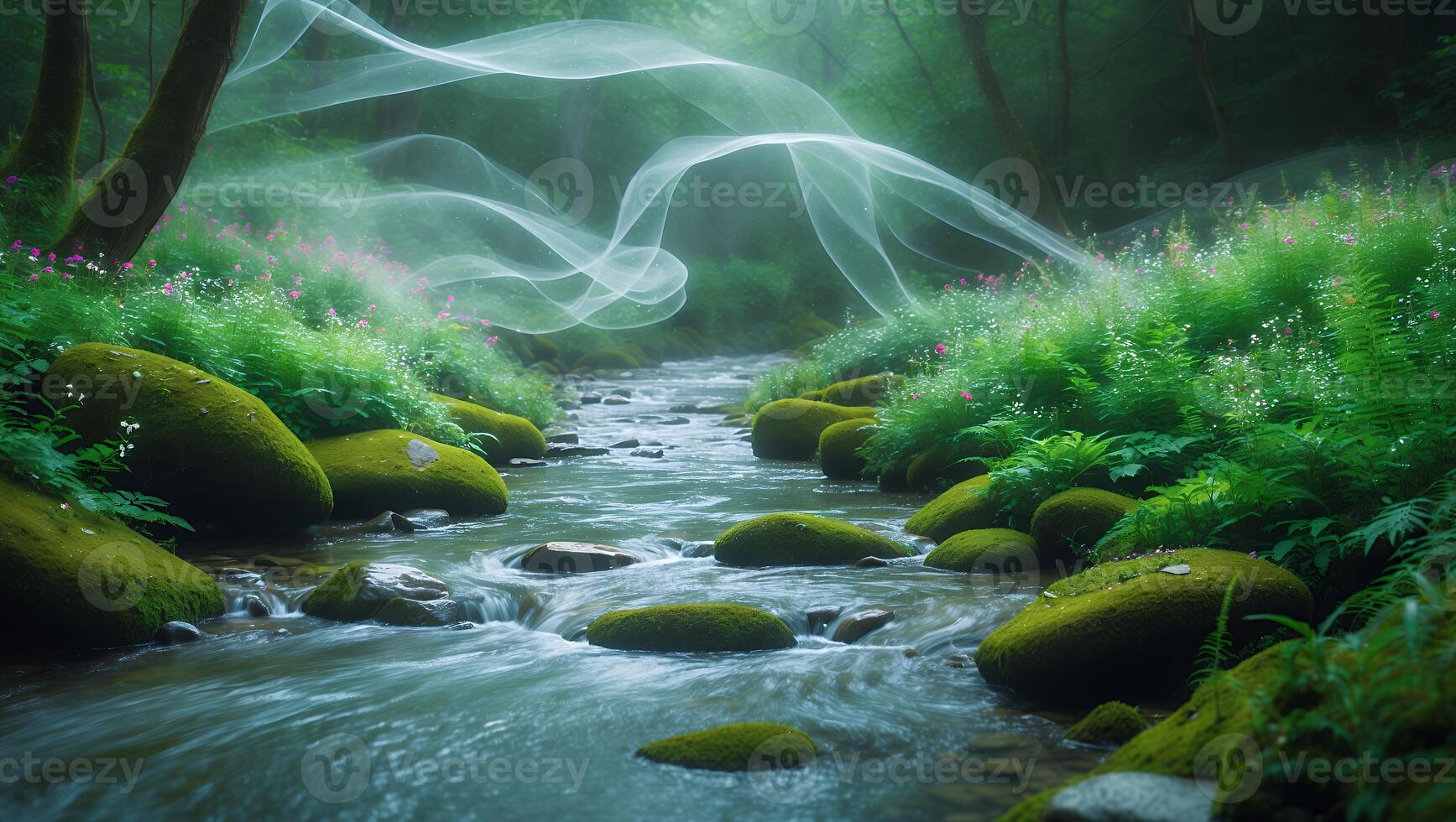 Mystical Forest Stream Flowing Through Lush Green Landscape photo