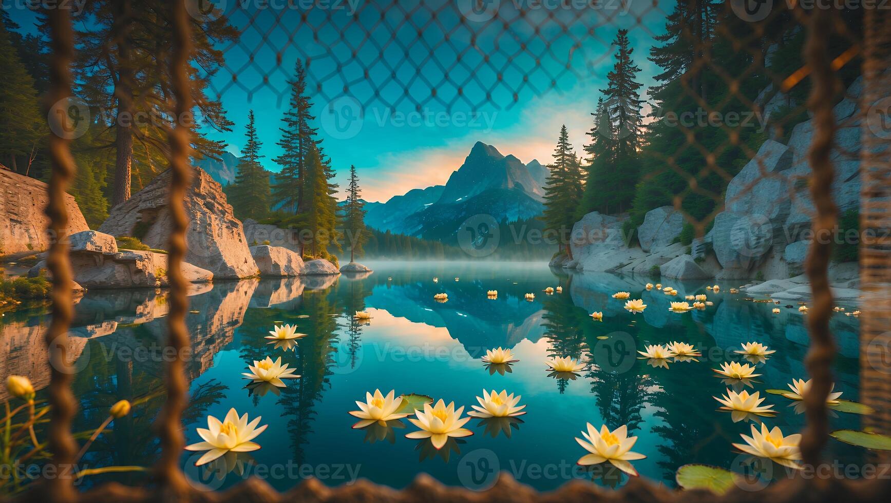 Serene Mountain Lake with Water Lilies and Sunrise Reflection photo