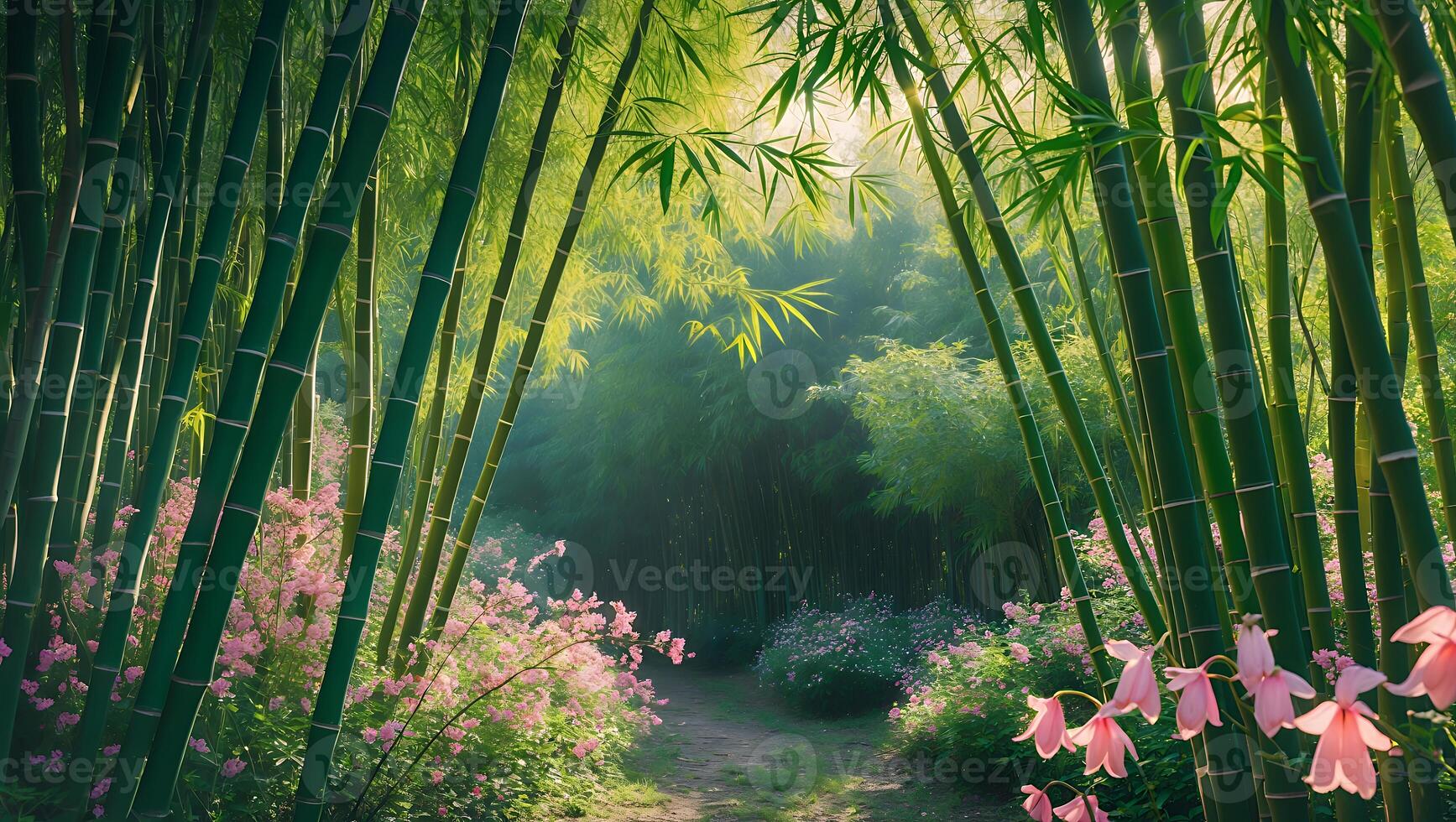 Tranquil Bamboo Forest Path with Pink Flowers and Sunlight photo