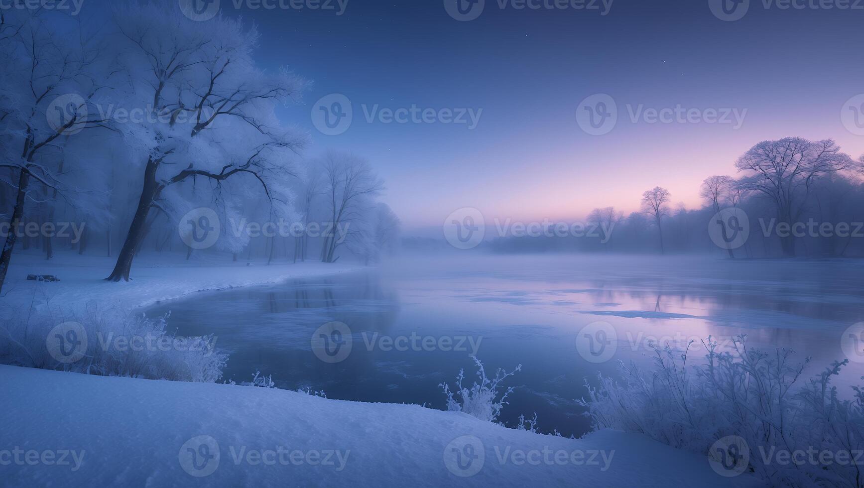 Misty Winter River Landscape at Dawn with Snowy Trees and Fog photo