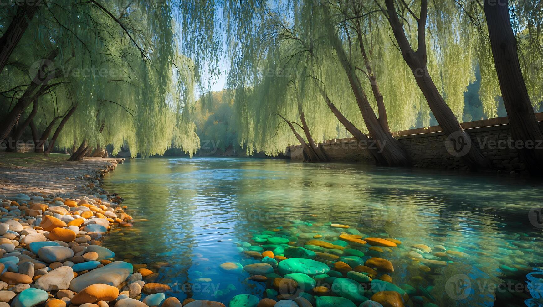 Serene River Flows Under Willow Trees with Colorful Rocks in Sunlight photo