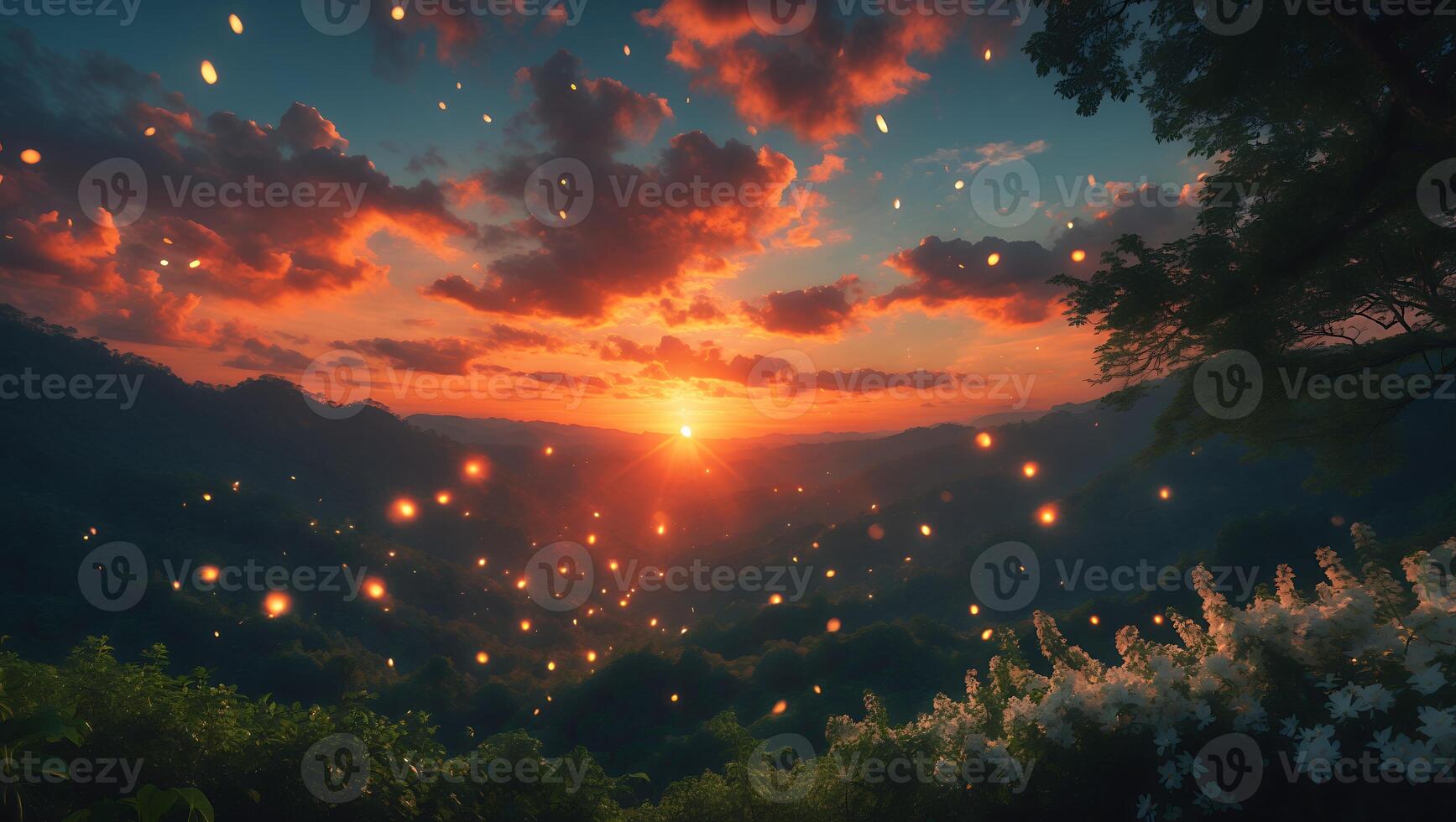 Magical Sunset Landscape with Floating Lights and Mountain View photo