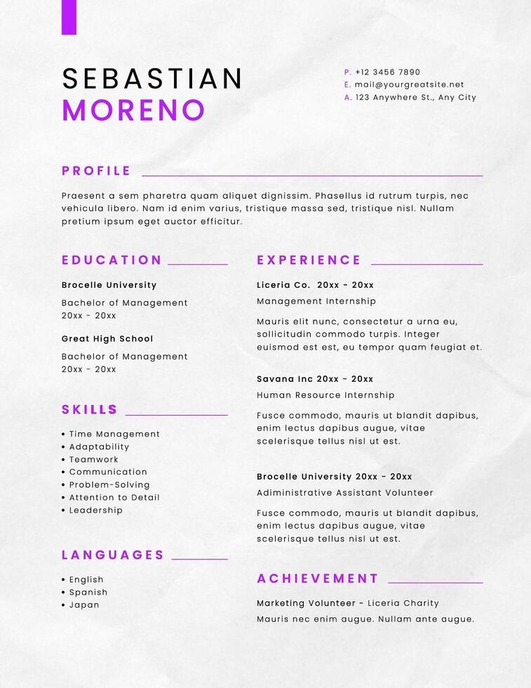 Purple Minimalist Internship Resume template