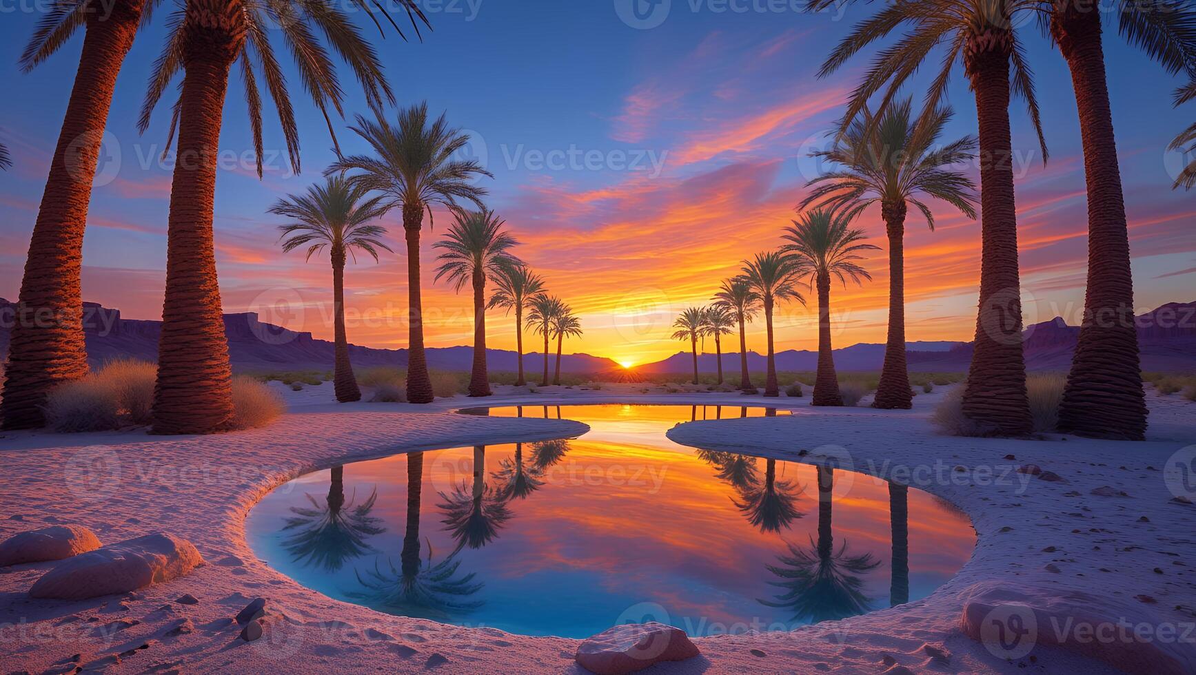 Tranquil Desert Oasis at Sunset with Palm Trees and Water Reflection photo