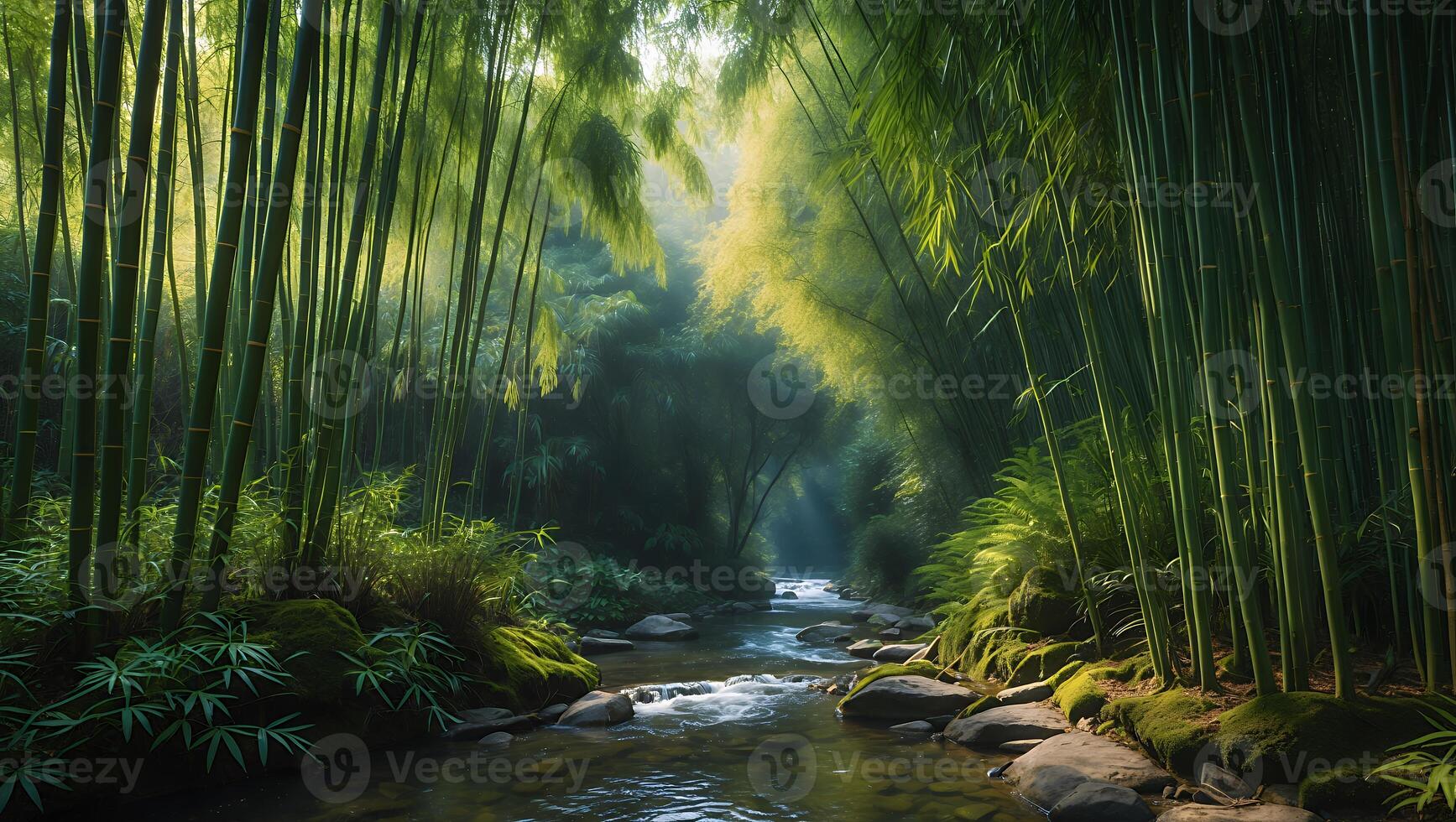 Serene Bamboo Forest Stream Flowing Through Lush Green Scenery photo