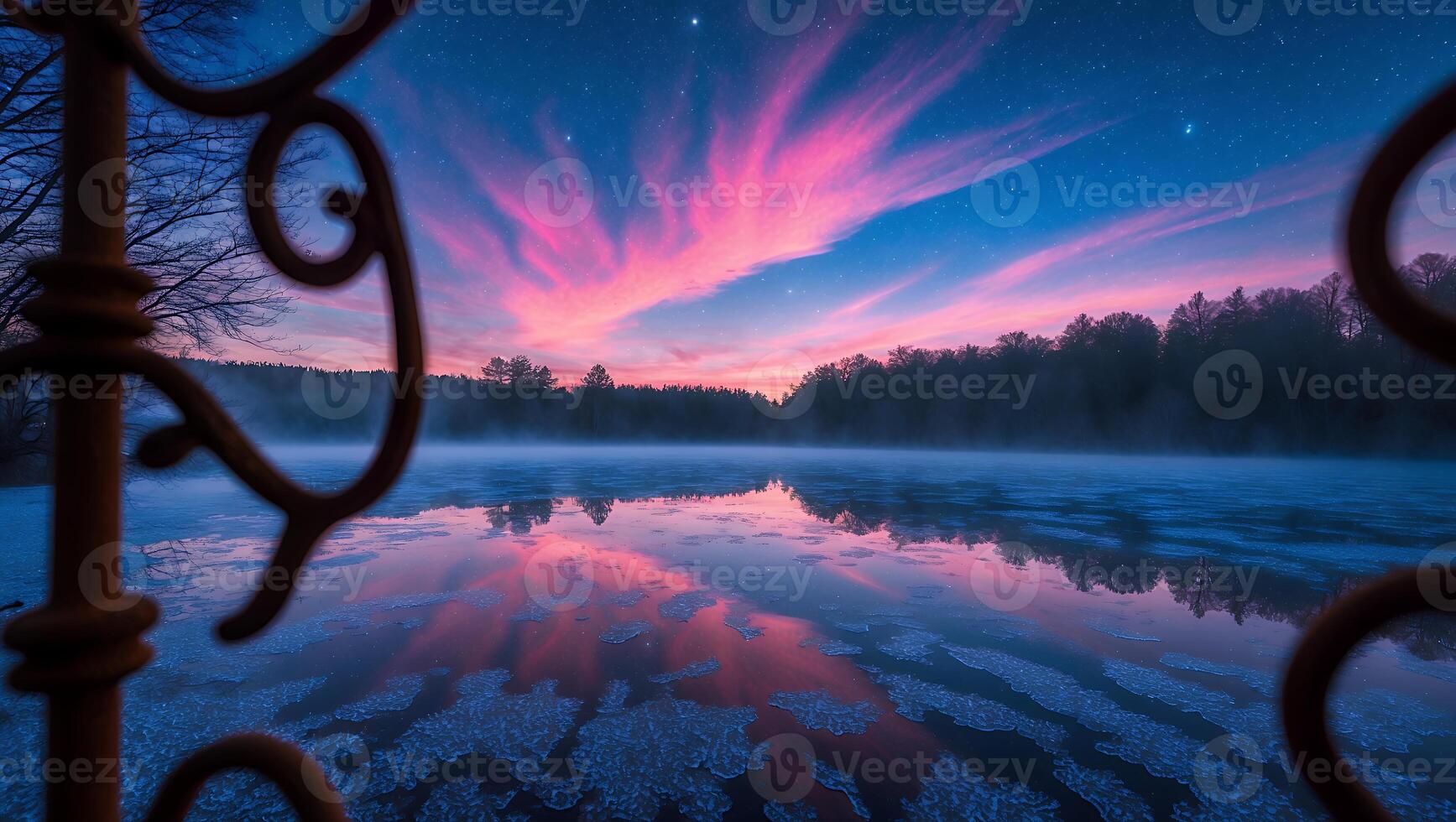 Frozen Lake Sunrise with Pink Clouds and Ornate Gate Reflection photo