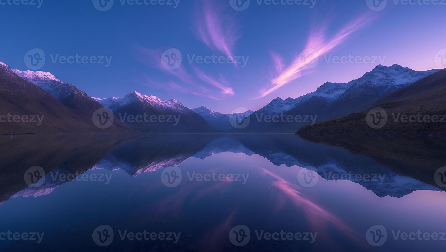 Serene Mountain Lake Reflection at Sunset with Purple Sky photo