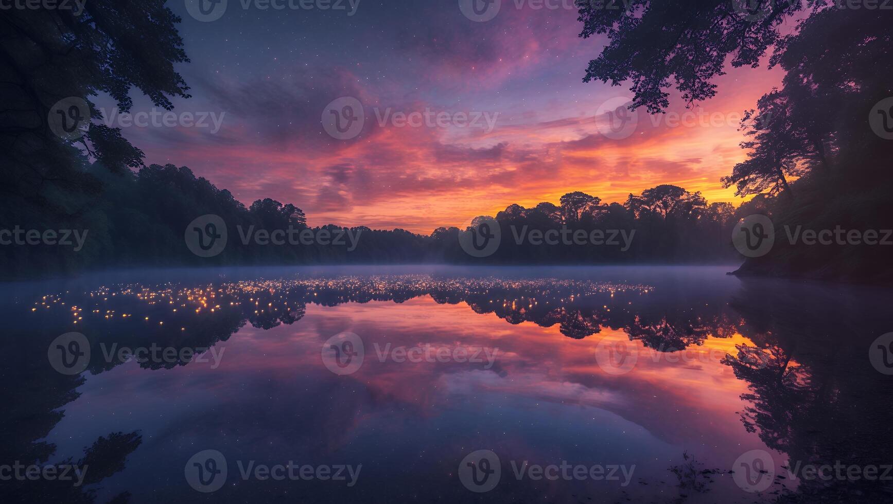 Serene Lake Reflecting Vibrant Sunset with Glowing Lights at Twilight photo