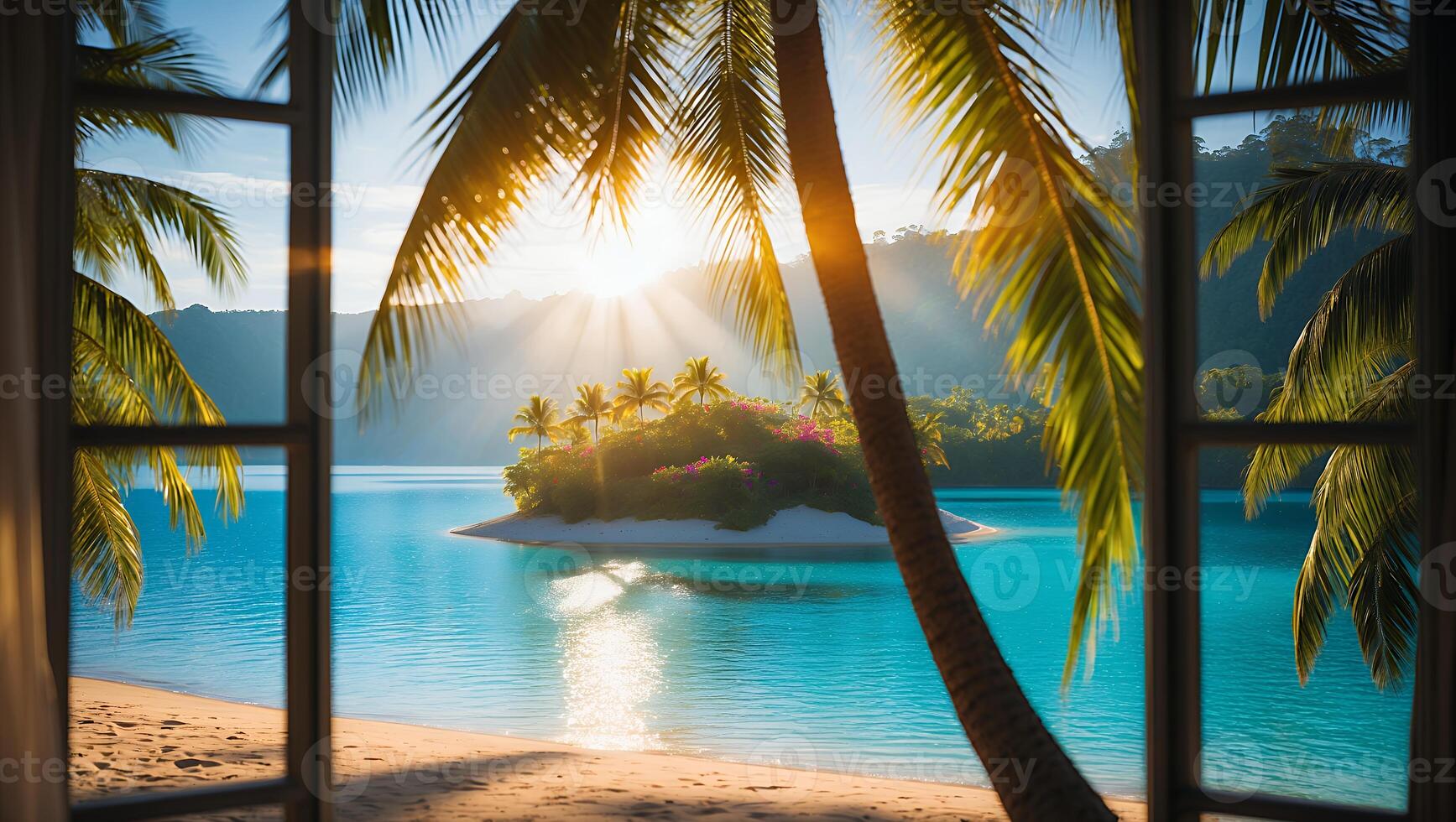 Tropical Island Sunrise View From Open Window with Palm Trees photo