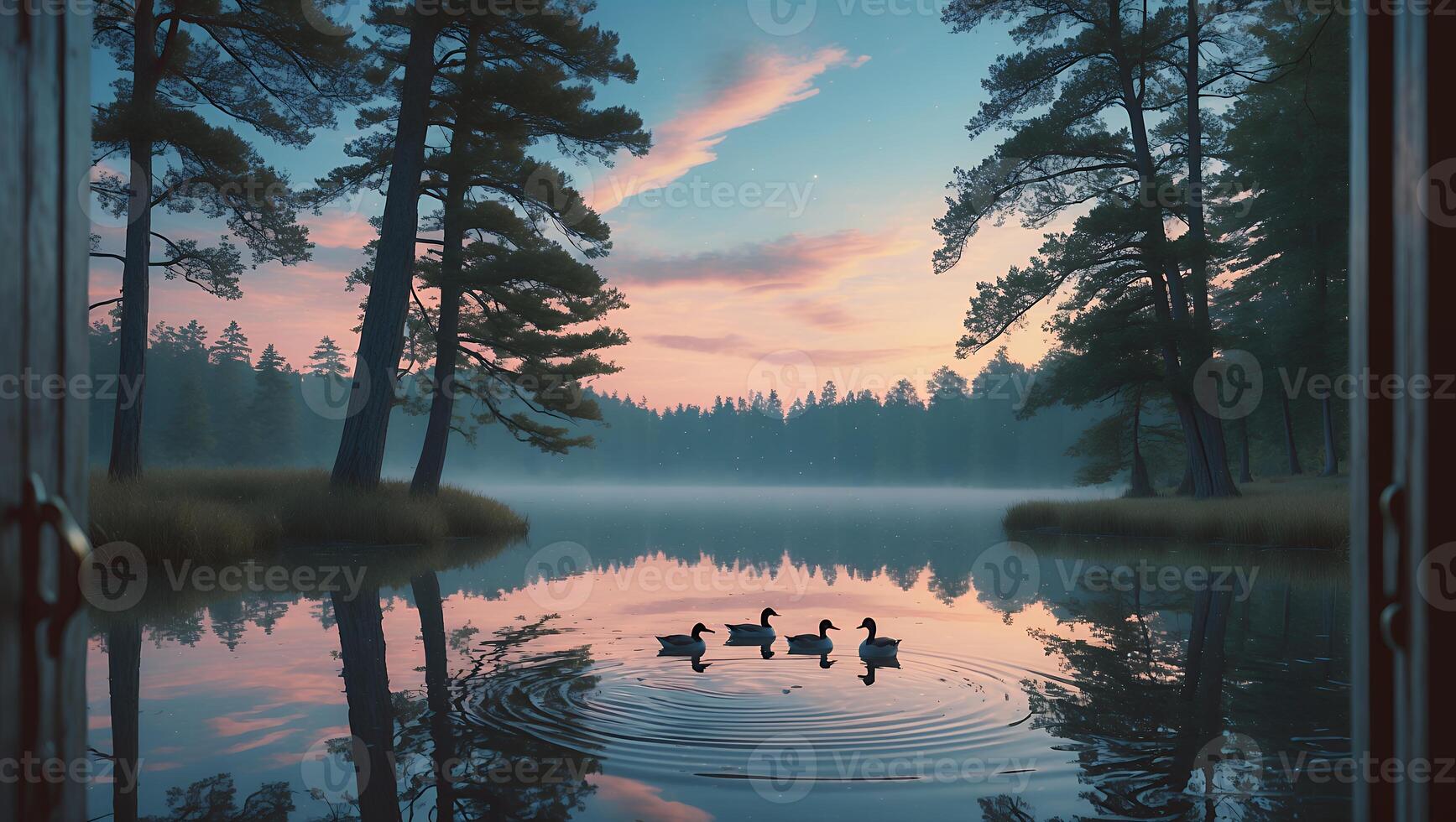 Serene Lake Sunrise with Ducks Swimming Peaceful Nature Scene photo