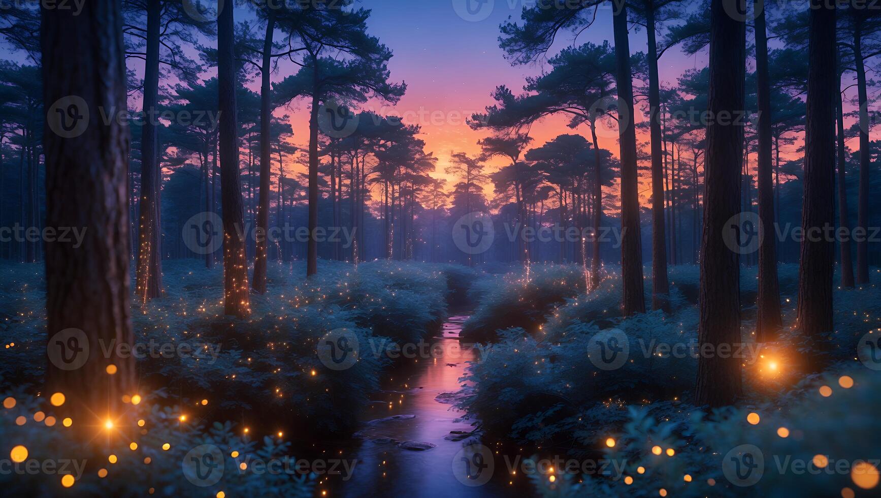 Enchanted Forest Stream at Sunset with Glowing Lights and Tall Trees photo