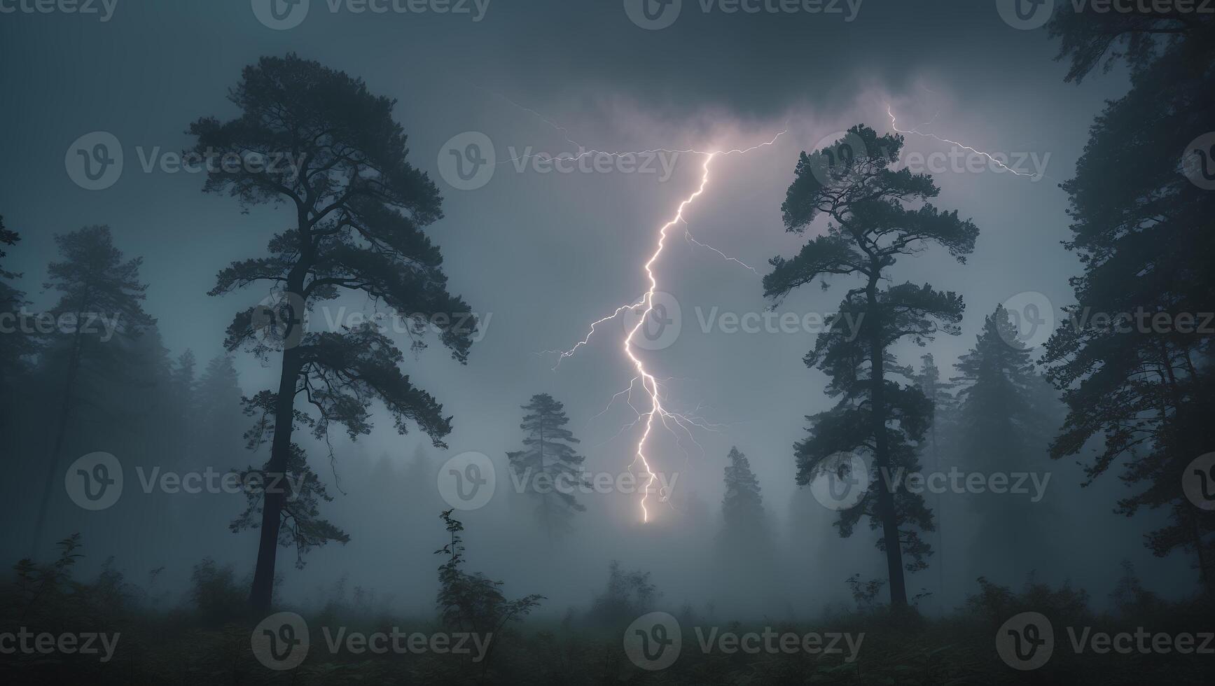 Lightning Strikes Through Forest Trees on a Misty, Dark Weather Night photo