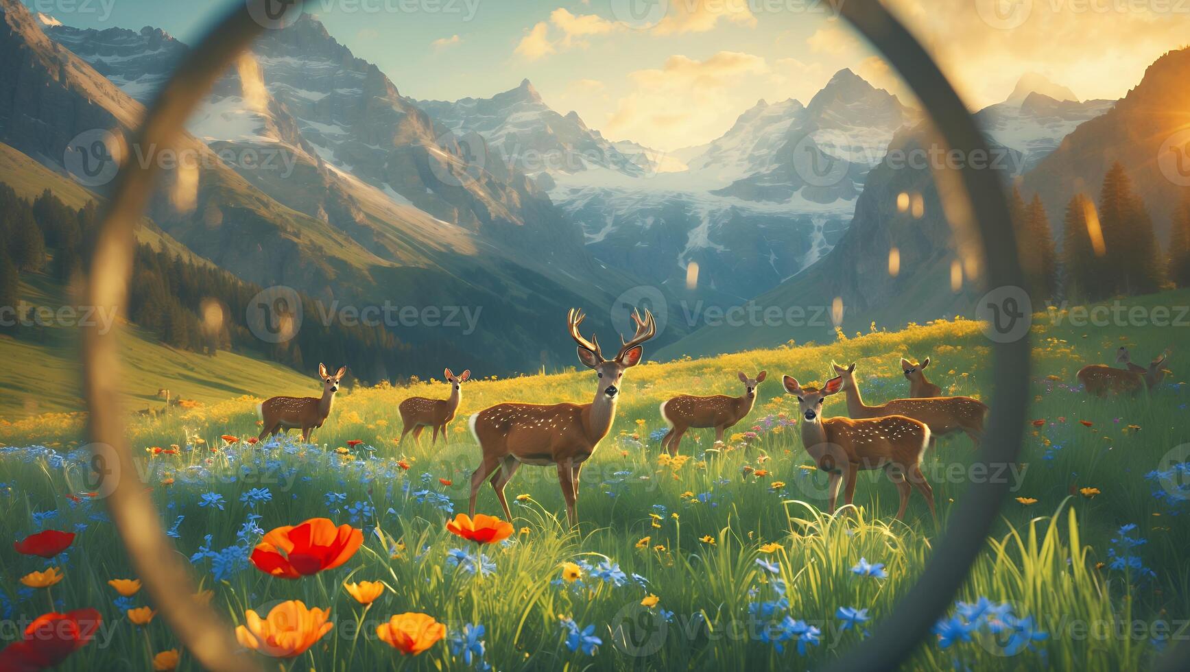 Wild Deer in Mountain Meadow with Blooming Flowers and Sunset Light photo