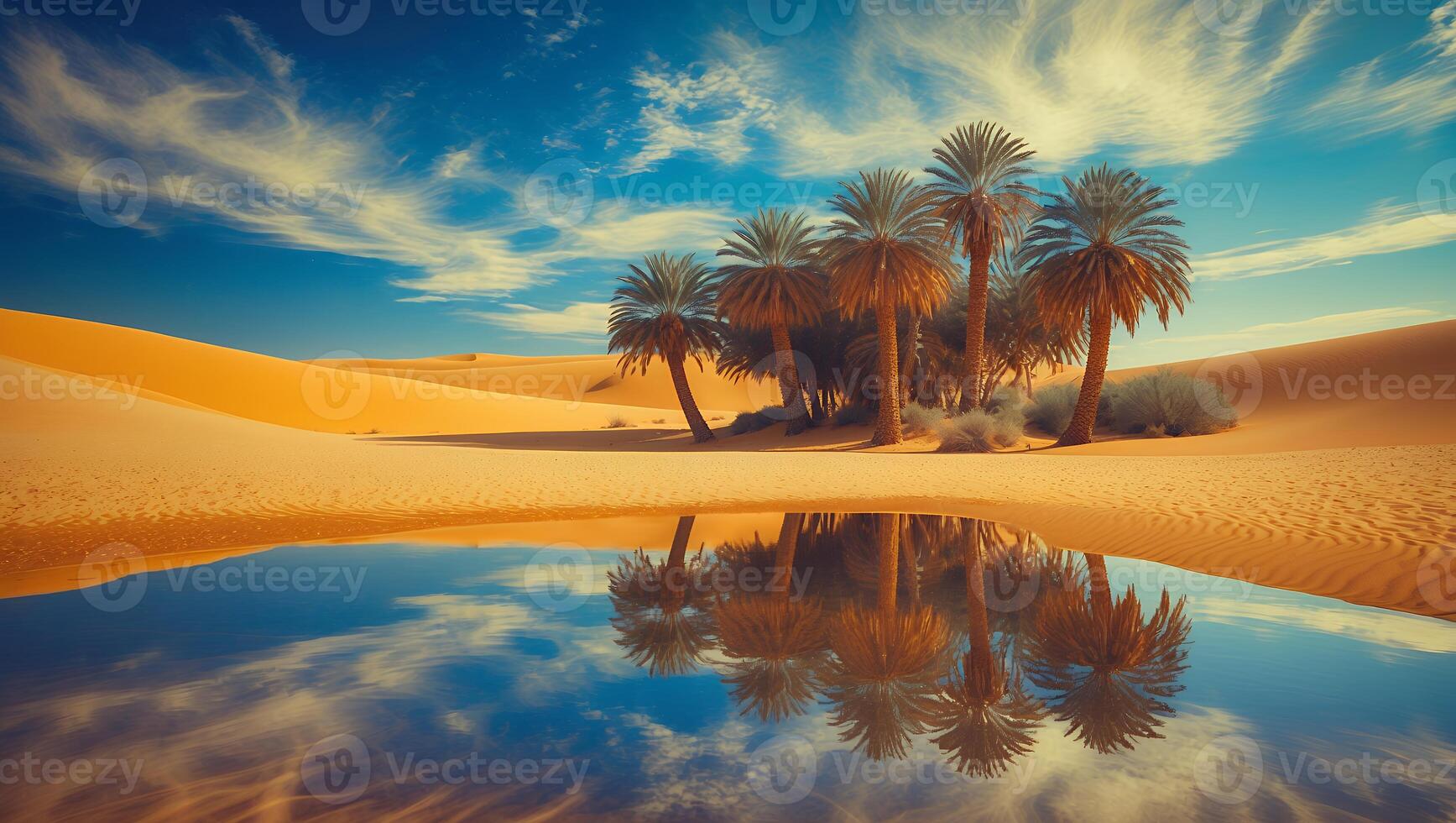Serene Desert Oasis Palm Trees Reflected in Calm Water Under Blue Sky photo