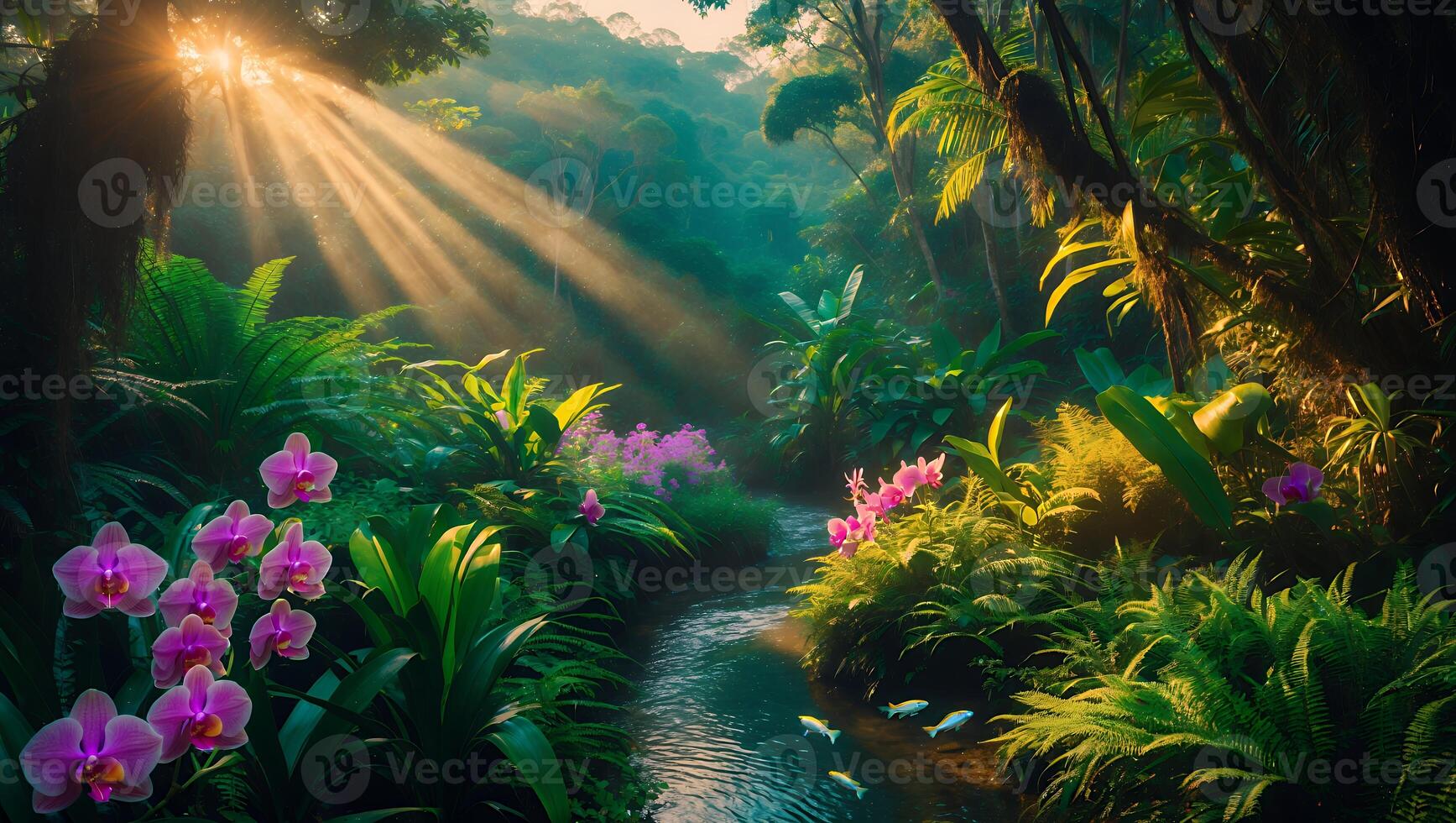 Tranquil Jungle Stream with Orchids and Sunlight Ideal for Nature Wallpaper photo