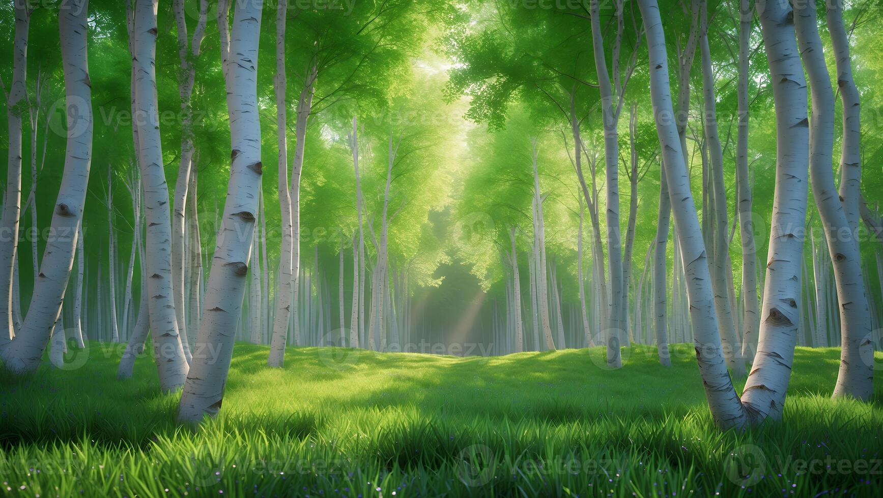 Lush Green Forest with Birch Trees and Sunlight Streaming Through photo