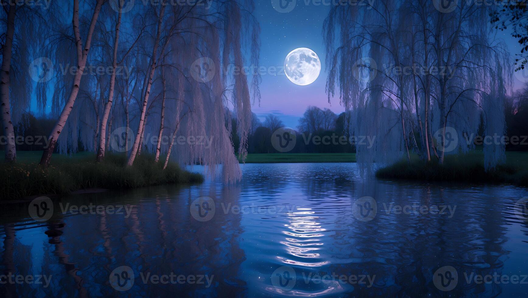 Moonlit Lake with Birch Trees and Willow Branches at Night photo