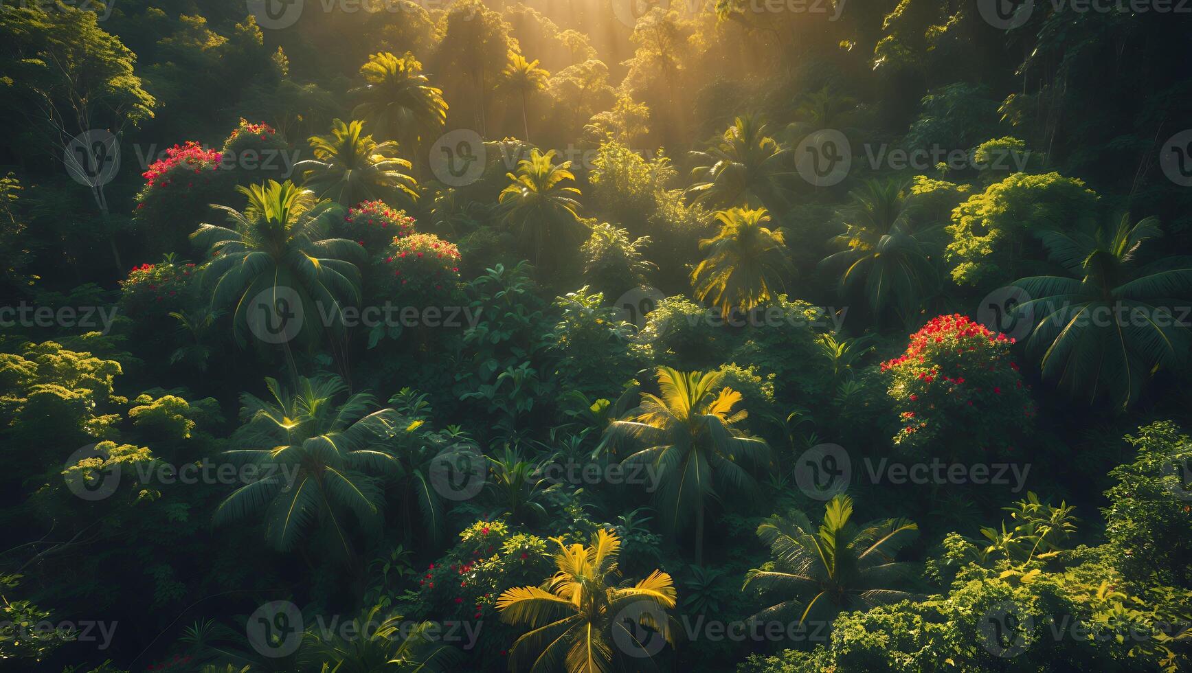 Dense Jungle Canopy with Palm Trees and Vibrant Red Flowers photo