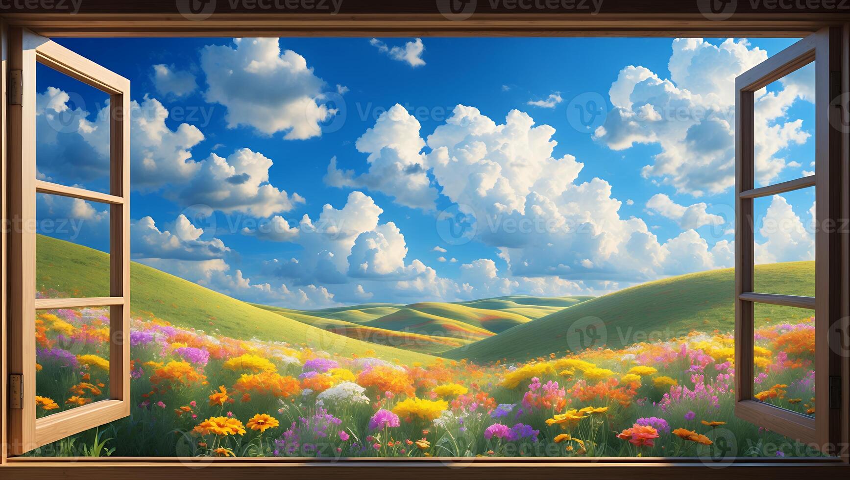 Window View of Blooming Meadow Landscape with Rolling Hills and Clouds photo