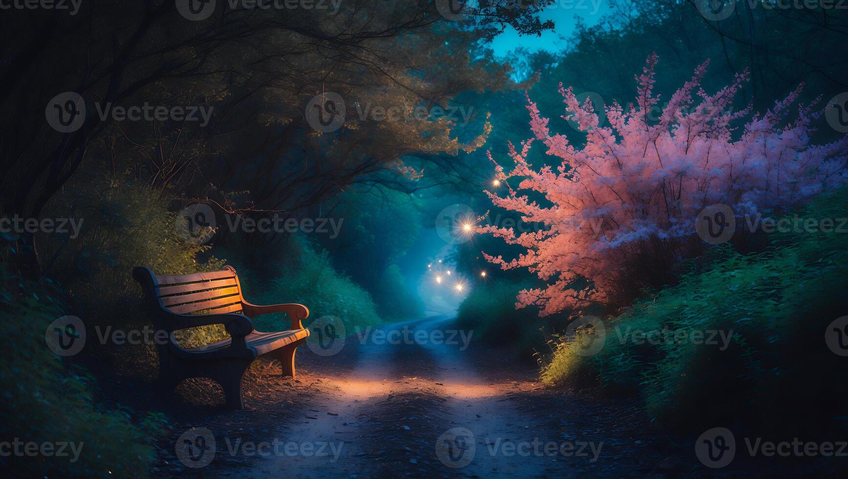 Wooden Bench on Forest Path with Pink Blooms and Soft Lighting photo