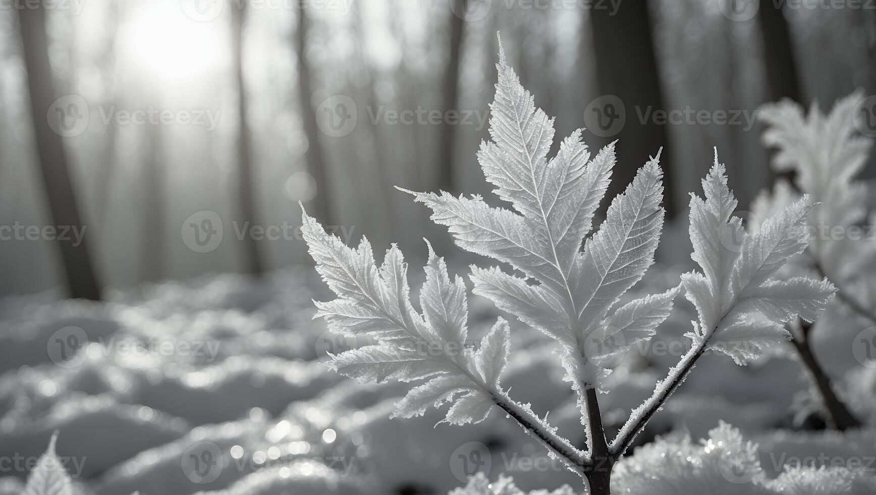 Frozen Leaf in Winter Forest Sunlight Glimmering on Snow Covered Ground photo