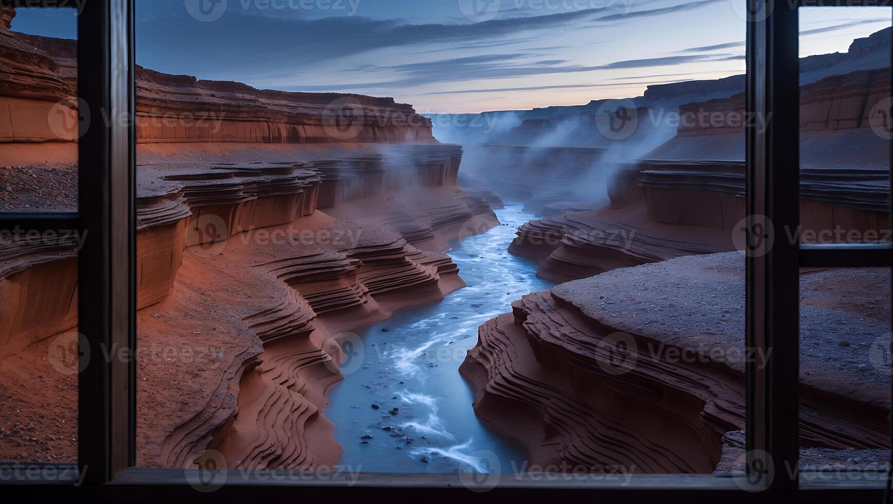 River Flowing Through Canyon Viewed From Window at Dusk Scenery photo