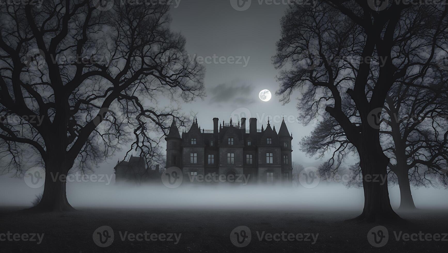 Eerie Mansion Surrounded by Fog and Silhouetted Trees Under Moonlight photo