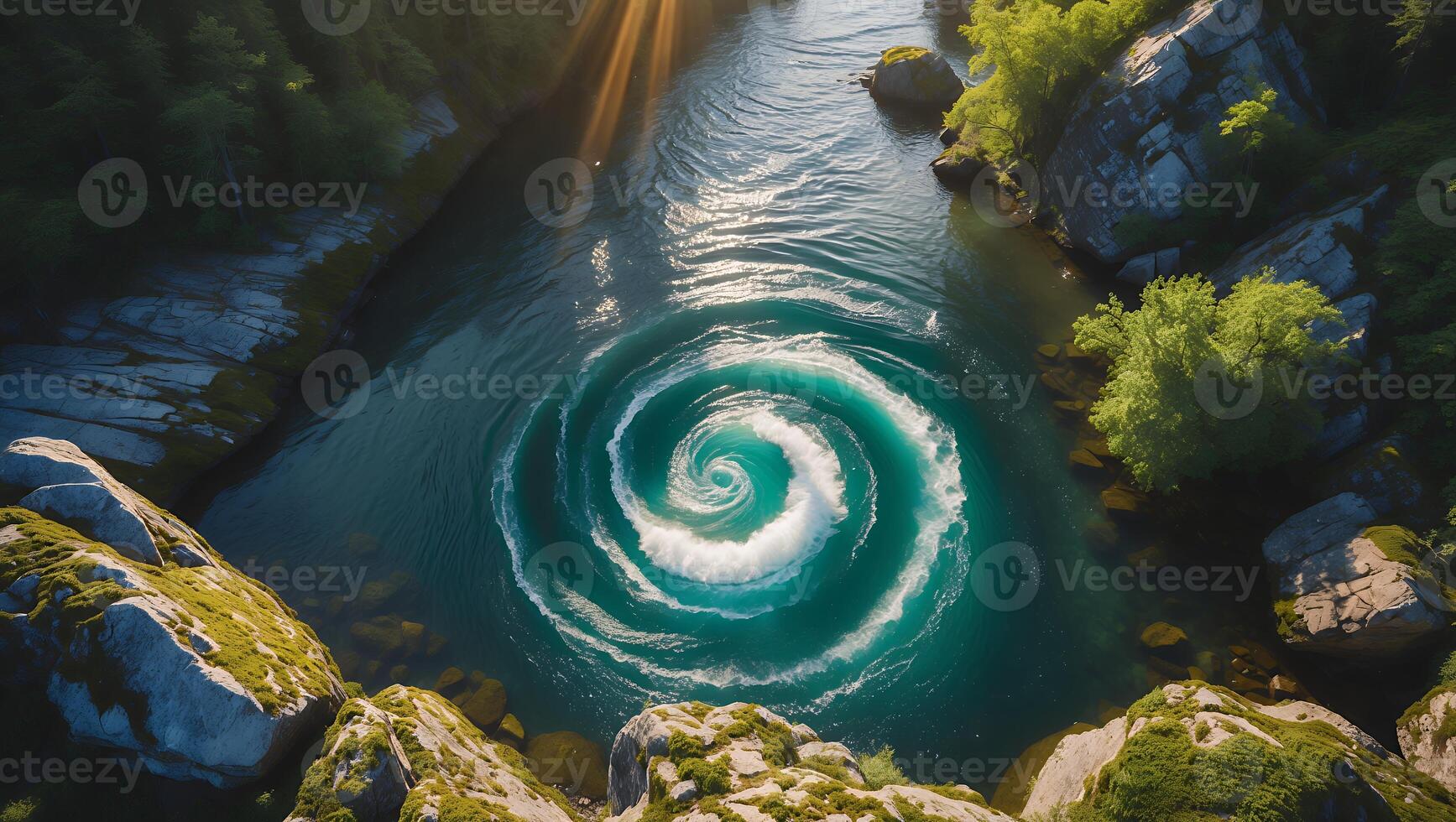Aerial View of Powerful Whirlpool in River Surrounded by Lush Nature photo
