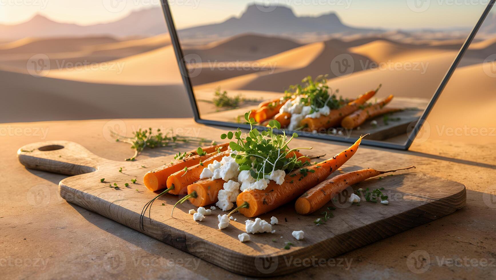 Carrots with Feta on Cutting Board Reflected in Desert Mirror photo